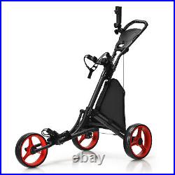 3 Wheel Golf Push Pull Cart with Adjustable Height Handle-Red