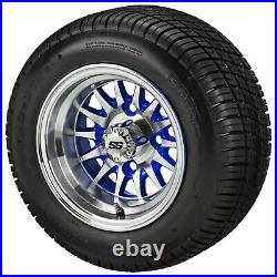 (4)Golf Cart 205/50-10 Tire on 10x7 Machined/Blue 14-Spoke Wheel Free Freight