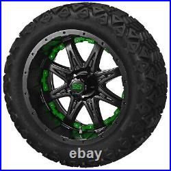 4 Golf Cart 23x10-15 Tires on Matte Black Revenge Wheels With Green Inserts