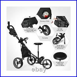 COSTWAY 3 Wheel Golf Push Pull Cart, Lightweight Foldable Golf Trolley with D