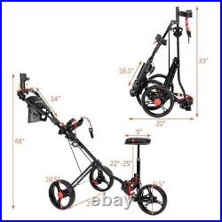 Foldable Steel Golf Trolley 3 Wheels Push Pull Cart With Seat Storage Holder
