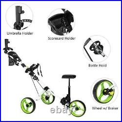 New Portable Golf Trolley Push Cart 3 Wheels with PU Seat Umbrella Bag Holder