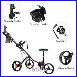 PEXMOR Pro Folding Golf Trolley 3 Wheels Push Pull Cart with Seat Holder Storage