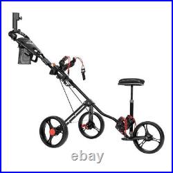 PEXMOR Pro Folding Golf Trolley 3 Wheels Push Pull Cart with Seat Holder Storage
