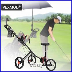 Portable Golf Trolley 3 Wheels Steel Push Pull Cart With PU Seat Multi Holder