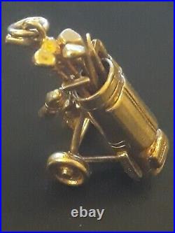 Vintage 9ct Gold Charm Golf Clubs & Cart with moving wheels